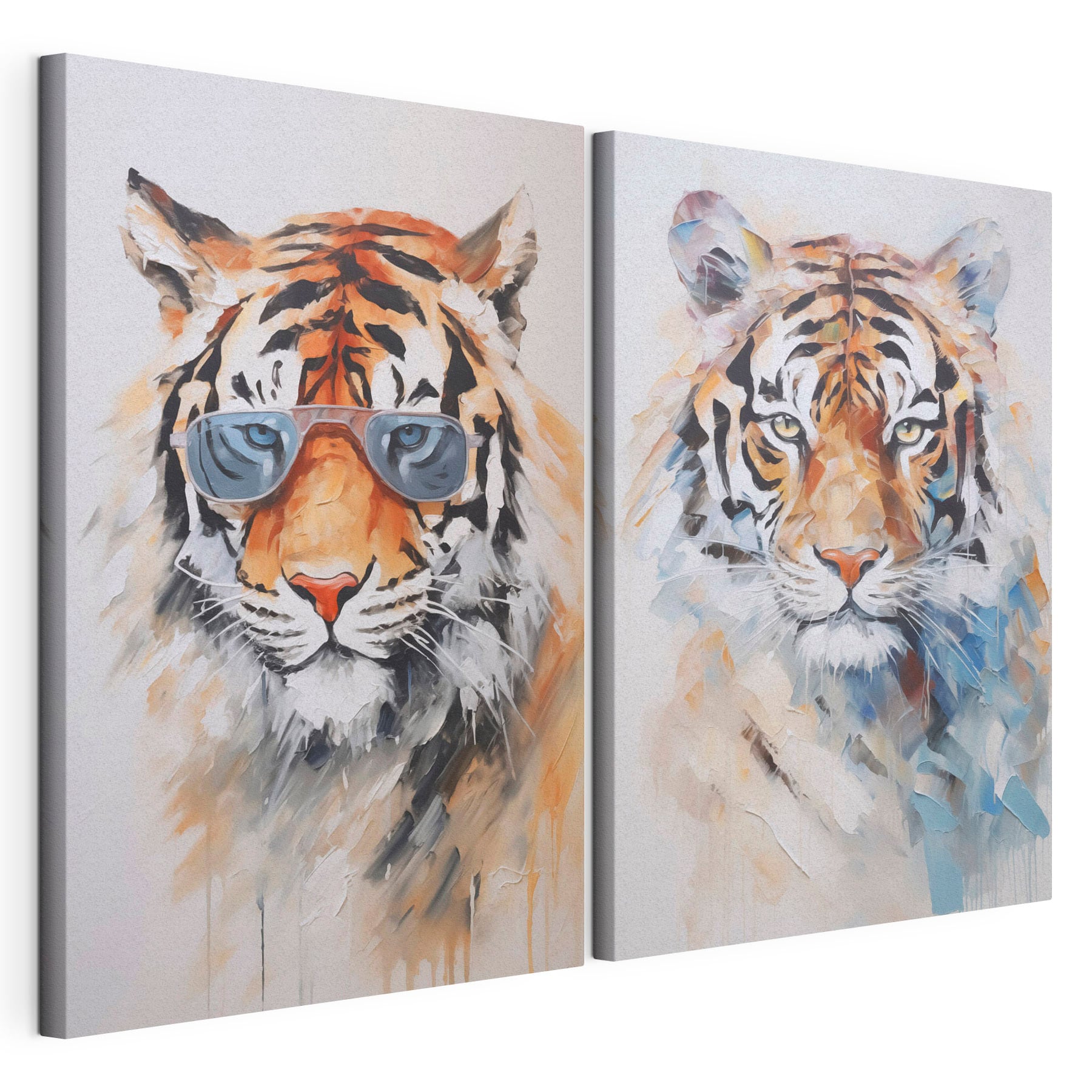 Two pictures of tigers wearing sunglasses