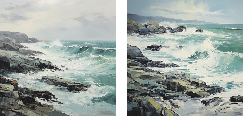 Painting of waves crashing on rocks