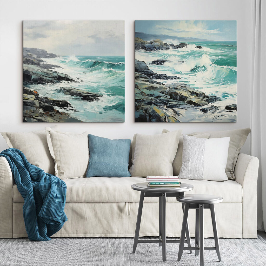 Painting of waves crashing on rocks