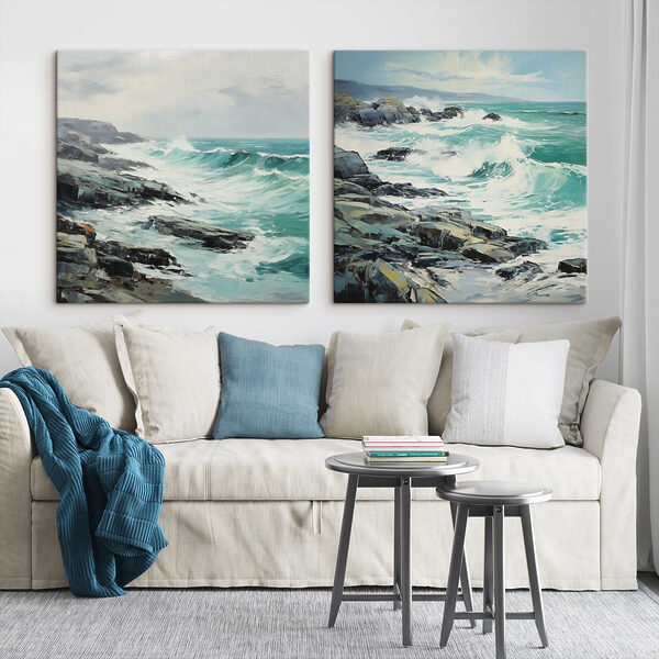 Painting of waves crashing on rocks