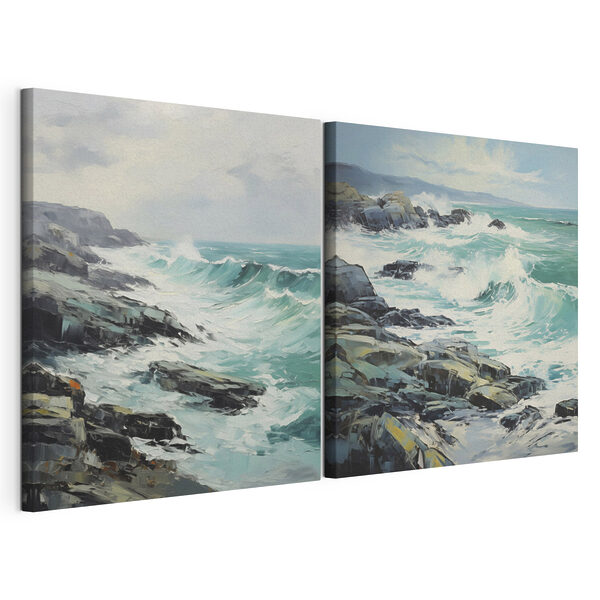 Impression sur toile modulaire Tableau représentant des vagues se brisant sur les rochers