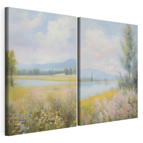 Impression sur toile modulaire Peinture représentant un paysage avec une rivière et un champ de fleurs