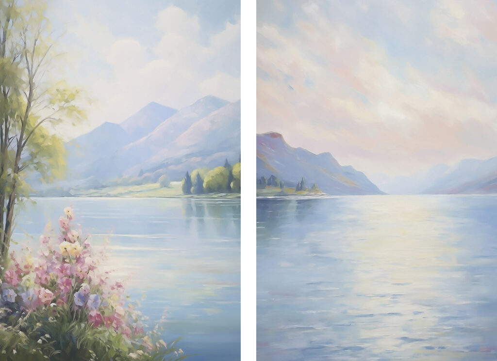 Painting of a lake and mountains