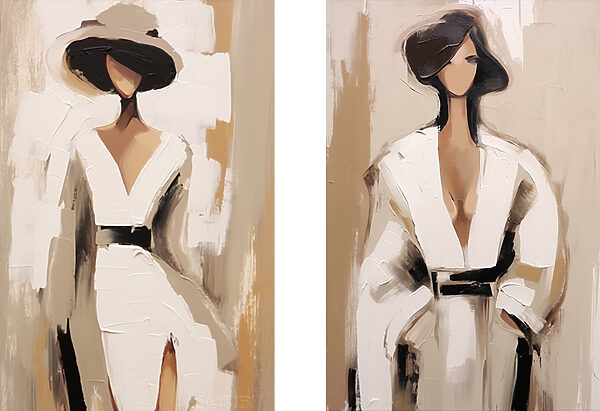 Two paintings of a woman in white