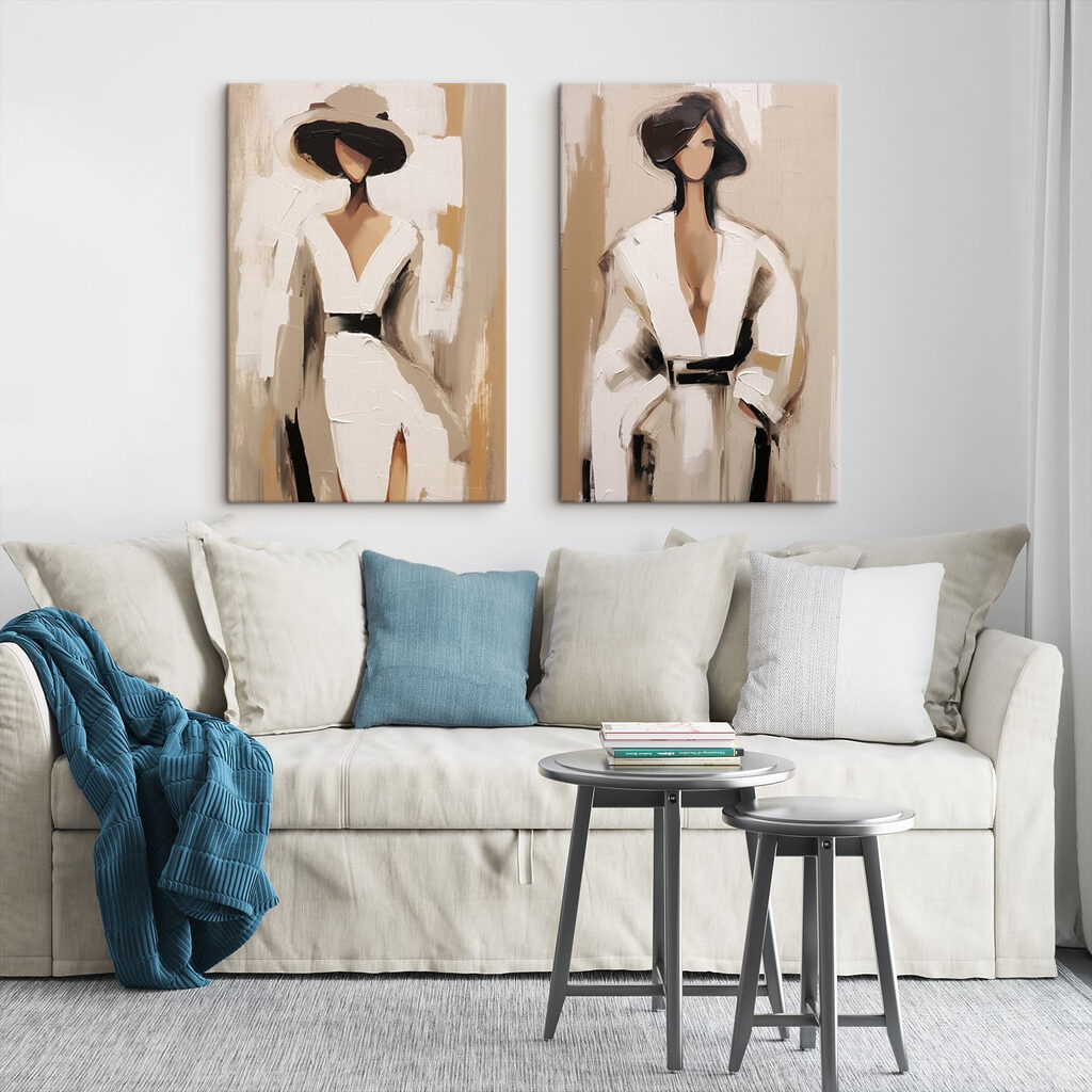 Two paintings of a woman in white