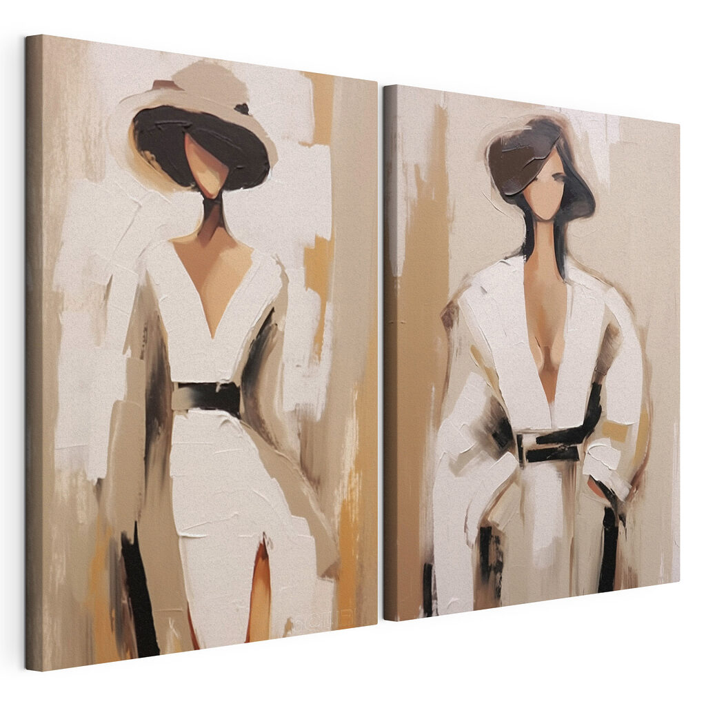 Two paintings of a woman in white