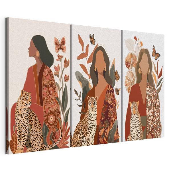 Impression sur toile modulaire Une femme assise aux côtés d'un guépard