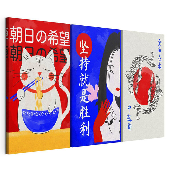 Impression sur toile modulaire Collage d'images représentant des poissons et une tasse