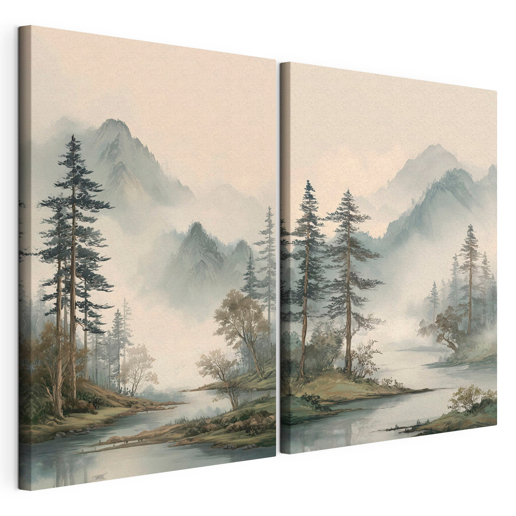 Painting of a river with trees and mountains