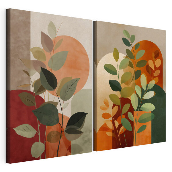 Impression sur toile modulaire Peinture représentant des feuilles et un soleil