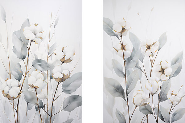 Painting of cotton flowers and leaves