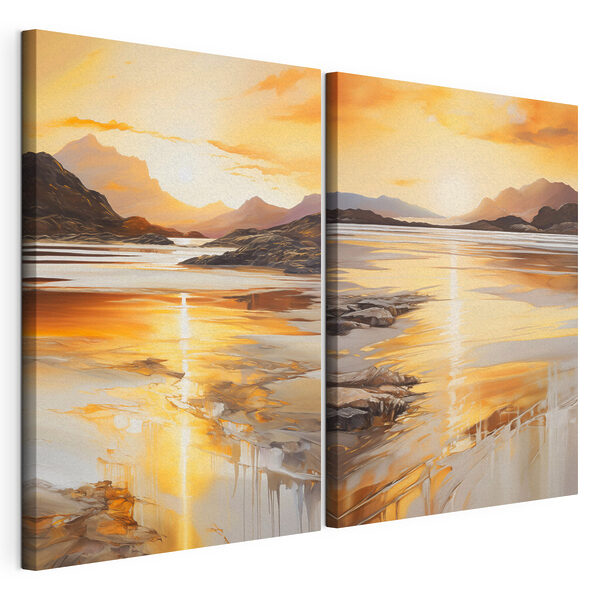 Impression sur toile modulaire Tableau représentant une plage et des montagnes