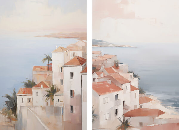 Painting of a town on a cliff