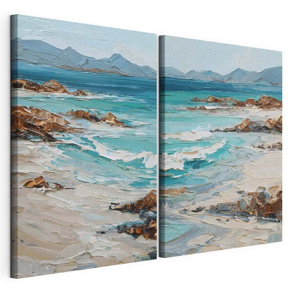 Impression sur toile modulaire Tableau représentant une plage avec des vagues et des rochers