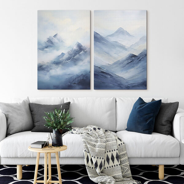 Painting of mountains in fog