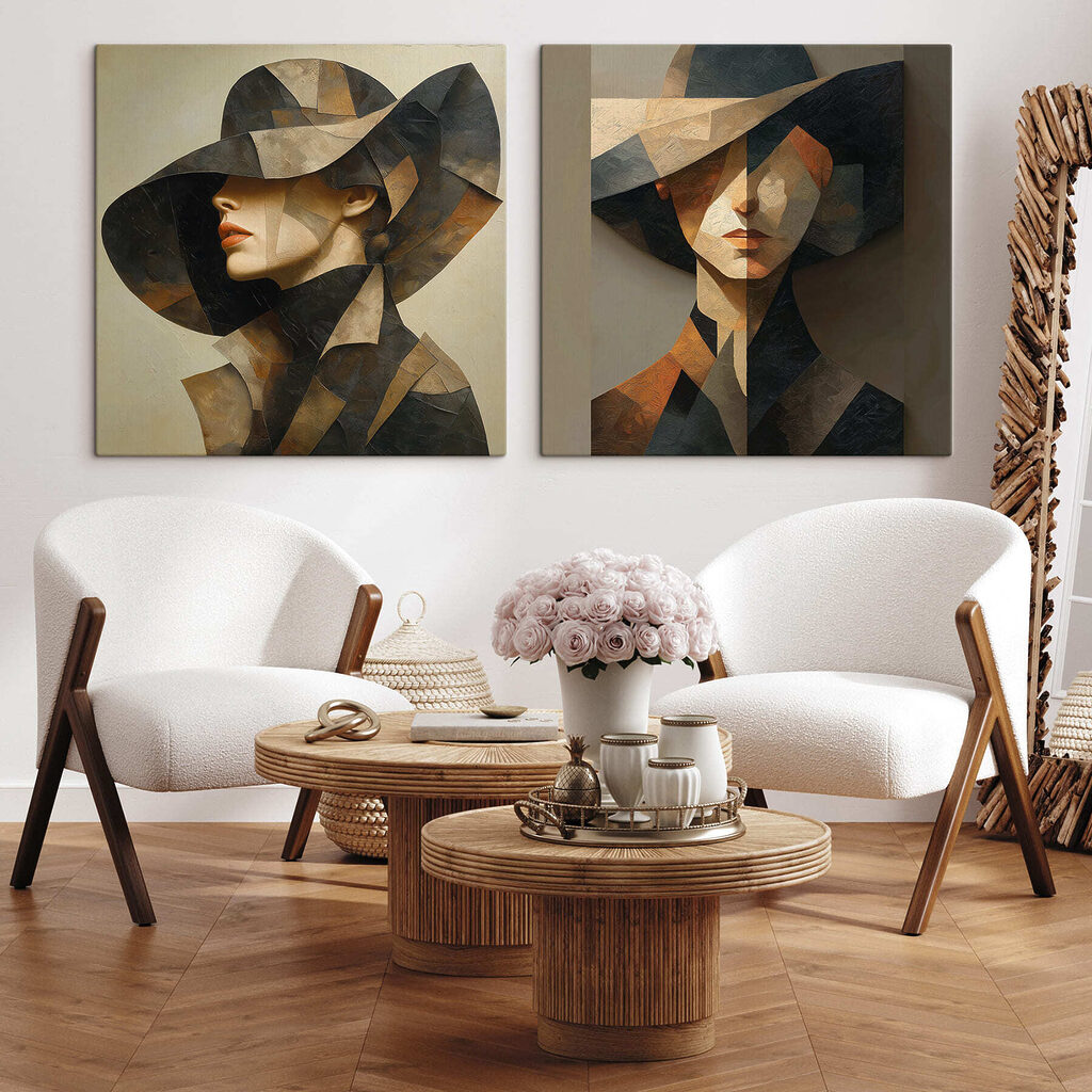 Collage of a painting of a woman in a hat
