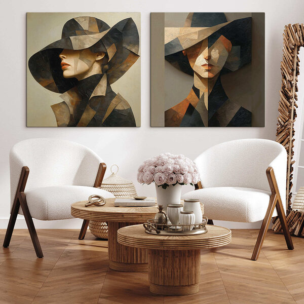 Collage of a painting of a woman in a hat