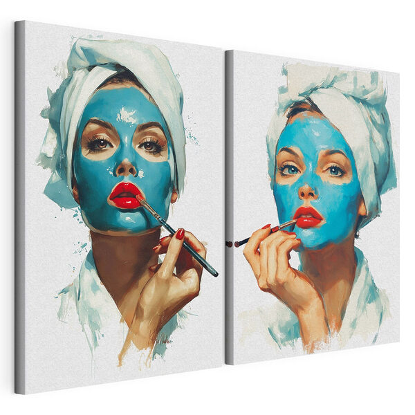 Impression sur toile modulaire Collage représentant une femme en train d'appliquer un masque bleu