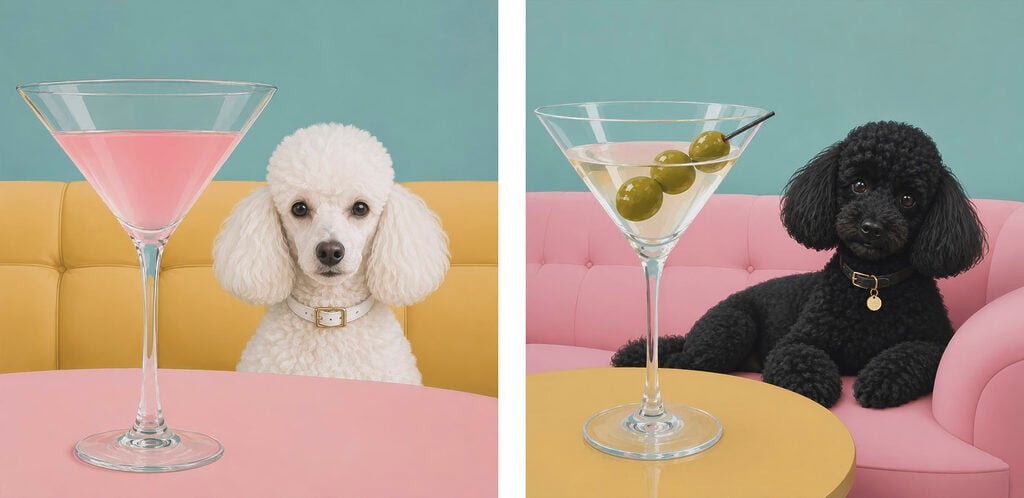 Dog sitting at a table with a martini glass