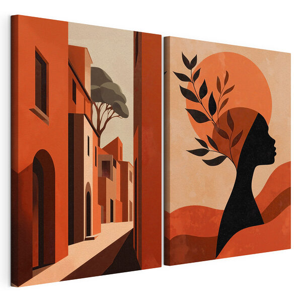 Impression sur toile modulaire Une femme coiffée d'un chapeau, dans une rue bordée d'immeubles
