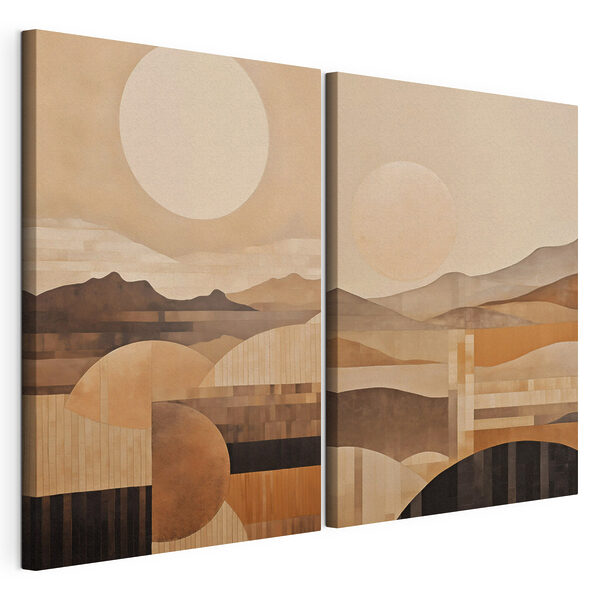 Impression sur toile modulaire Peinture représentant des collines et le soleil
