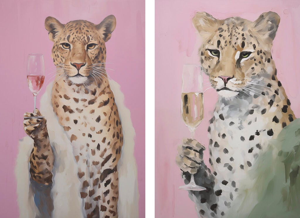 Painting of a cheetah holding a glass of wine