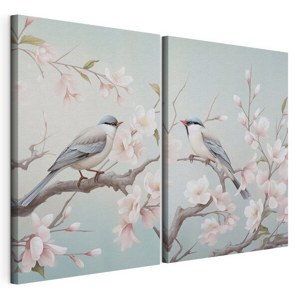 Impression sur toile modulaire Deux oiseaux sur une branche fleurie