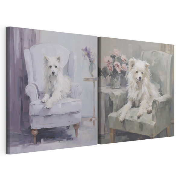Impression sur toile modulaire Tableau représentant un chien assis sur une chaise