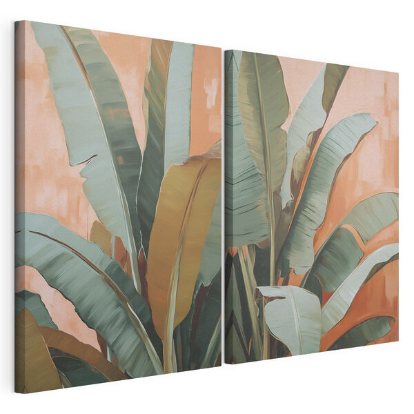 Impression sur toile modulaire Des feuilles d'un vert éclatant sur un fond aux teintes chaudes