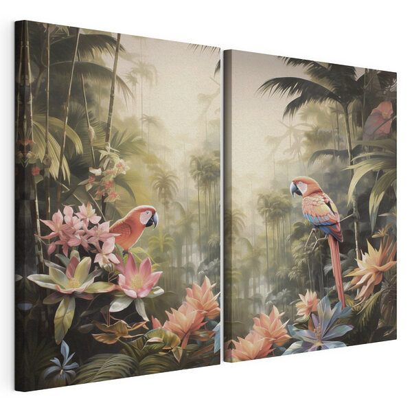Impression sur toile modulaire Deux perroquets perchés sur une branche d'arbre dans une forêt