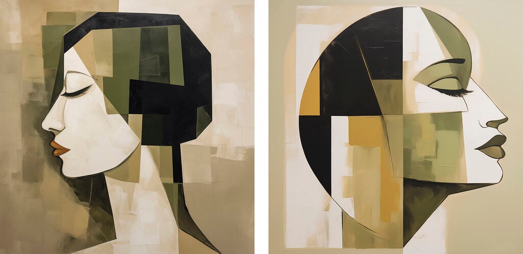 Two paintings of a person's head