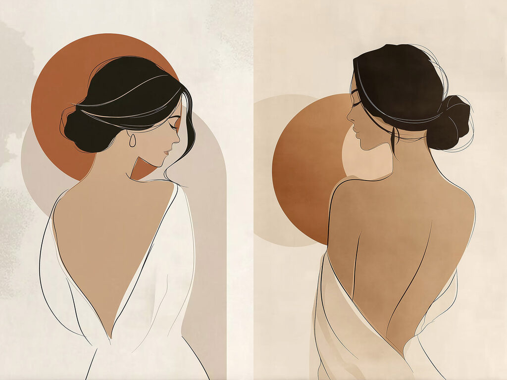 Woman in white and brown dresses