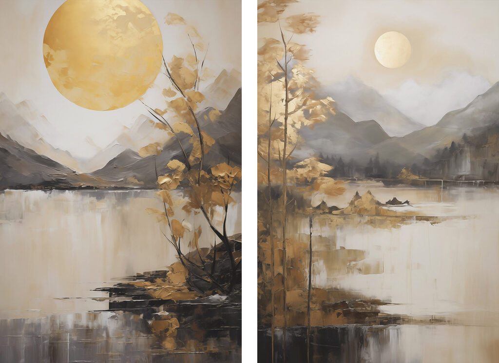 Painting of a landscape with a moon and mountains