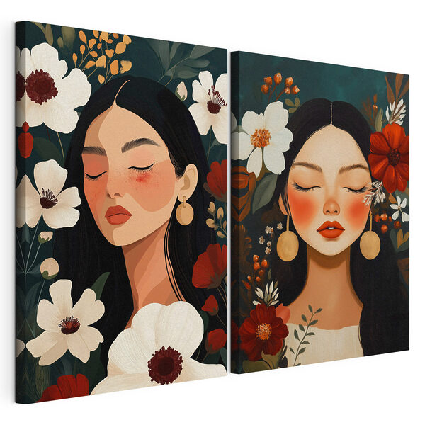 Impression sur toile modulaire Des visages rêveurs au milieu de fleurs aux couleurs éclatantes