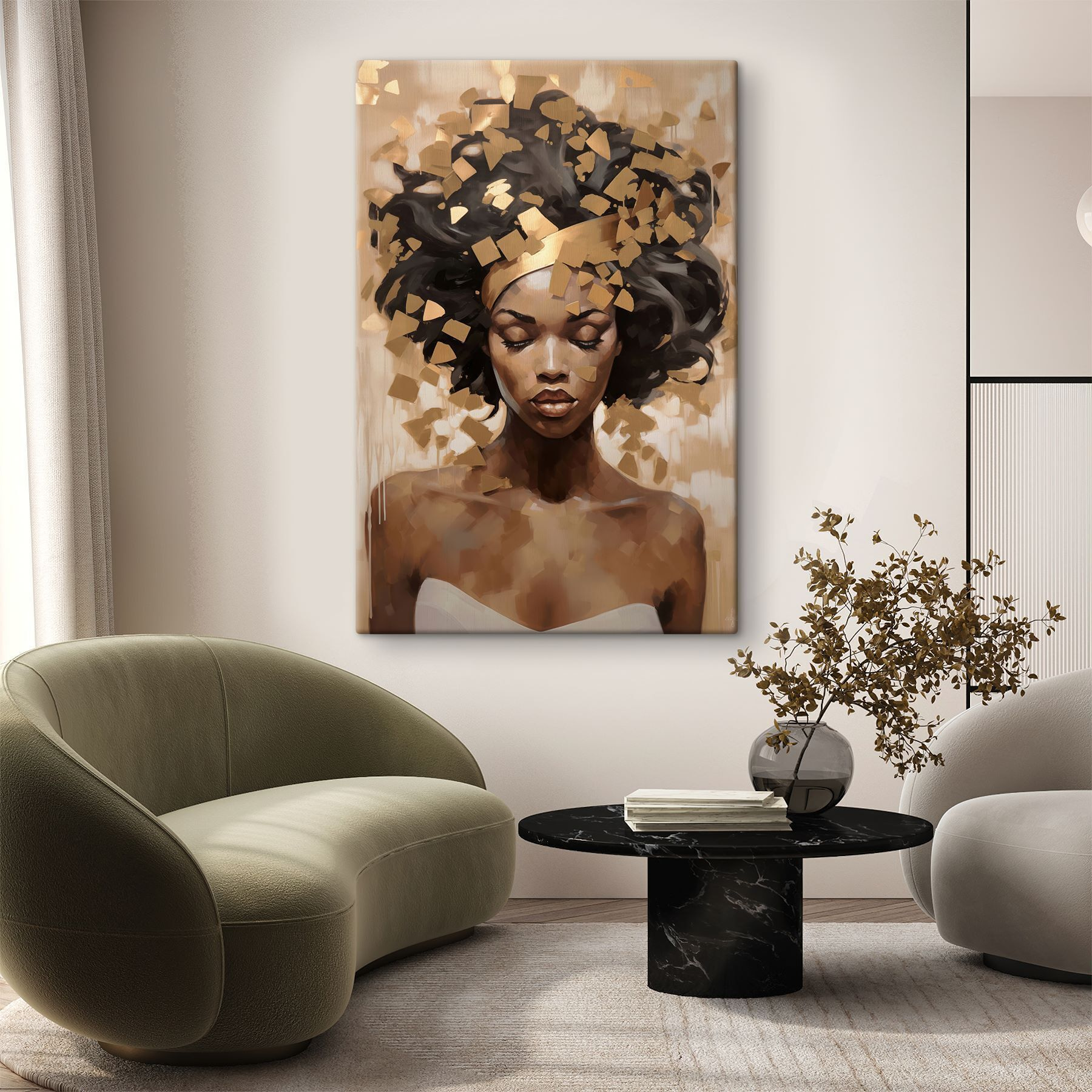 Soft beauty amidst abstract shapes