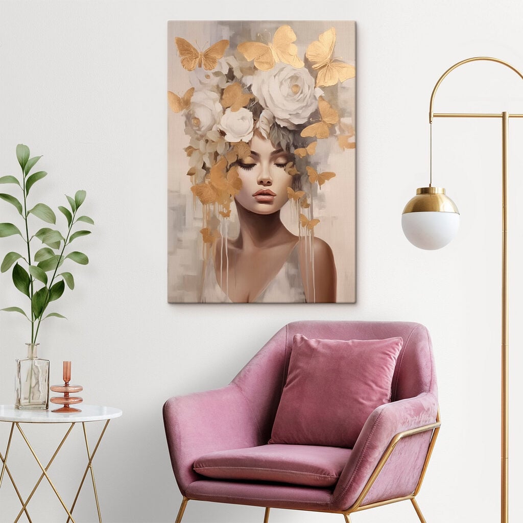 Painting of a woman with flowers and butterflies