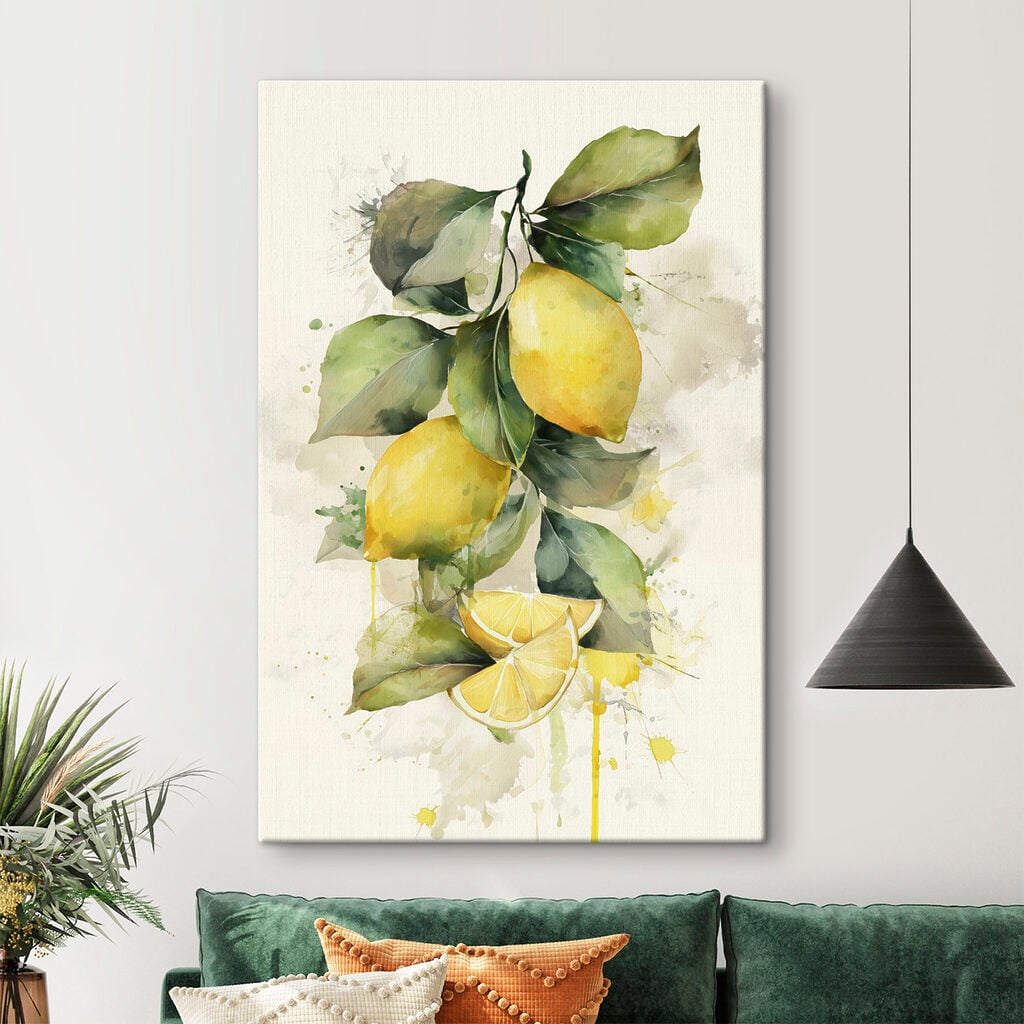 Watercolor painting of lemons and leaves