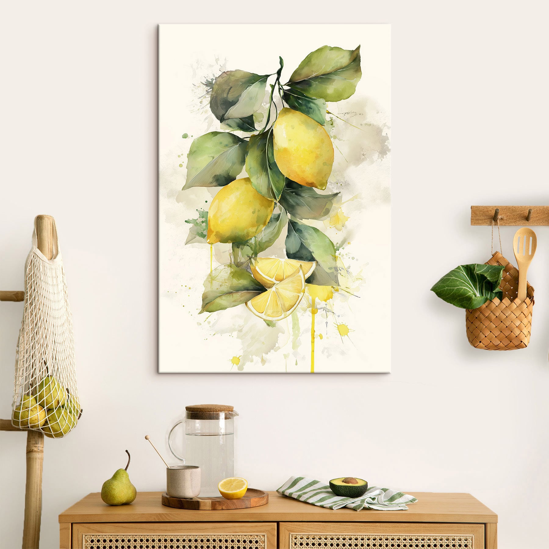 Watercolor painting of lemons and leaves