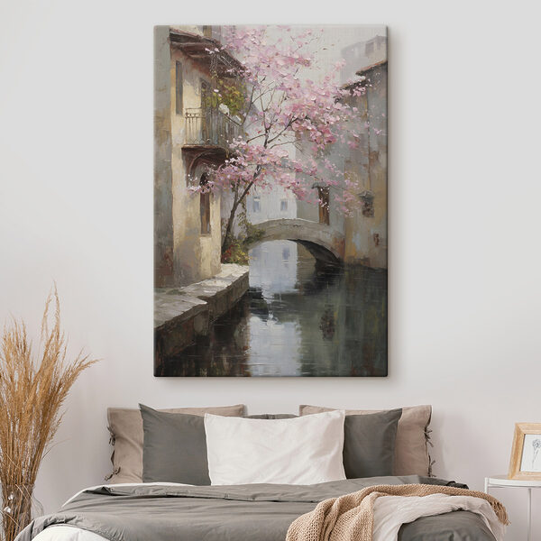 Tableaux Tableau représentant une rivière avec un arbre rose et un pont