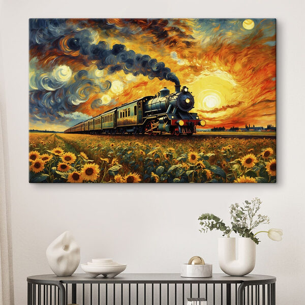 Train on the tracks with sunflowers and smoke coming out of the engine