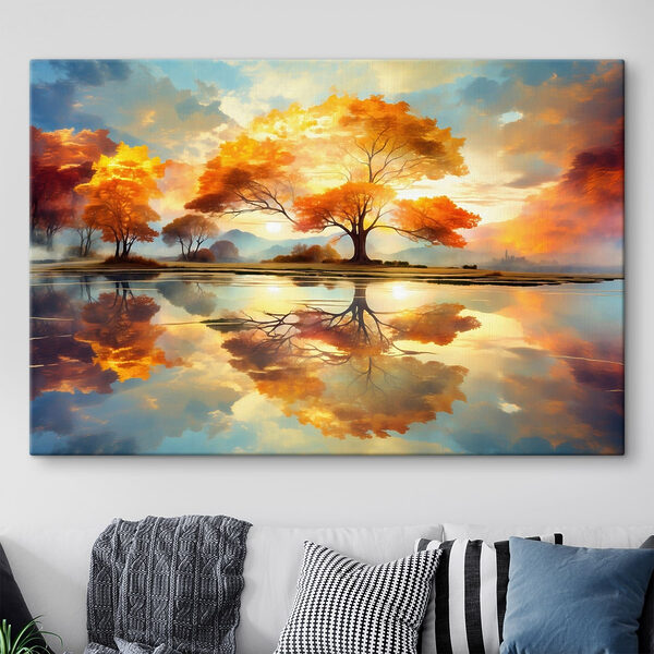Tableaux Tableaux Un arbre dont les feuilles jaunes jonchent le sol, avec un plan d'eau à proximité (UGS : s47287)