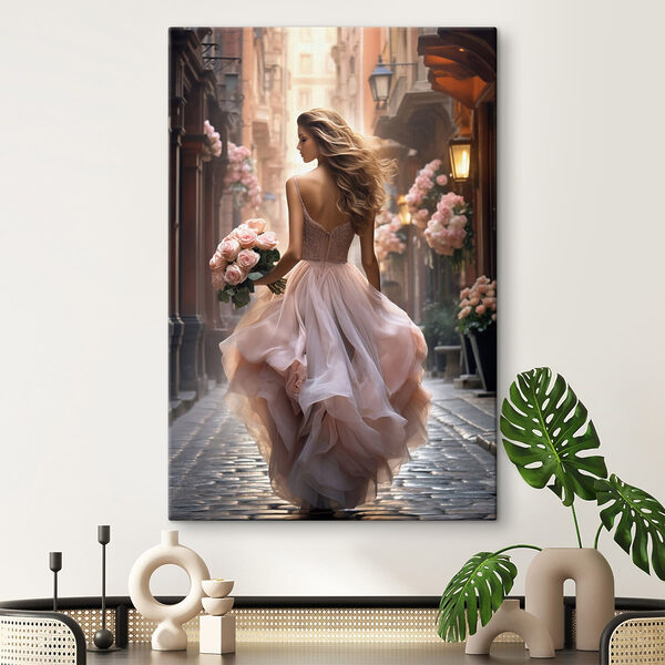 Tableaux Tableaux Une femme en robe tenant des fleurs (UGS : s47316)