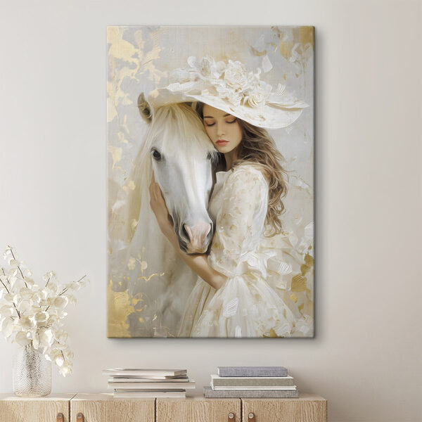 Tableaux Tableaux Une femme en robe blanche et chapeau, en train d'enlacer un cheval (UGS : s48790)