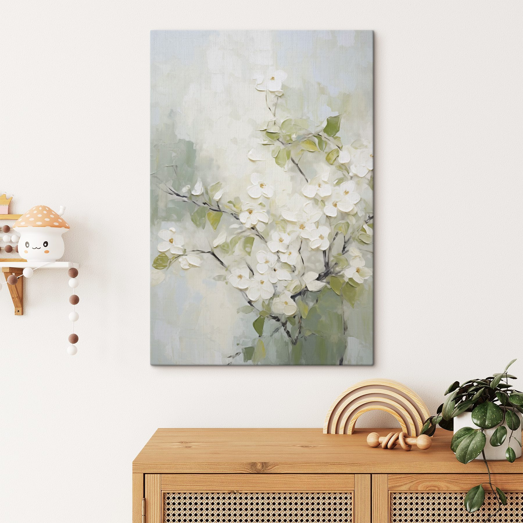 Painting of white flowers on a branch