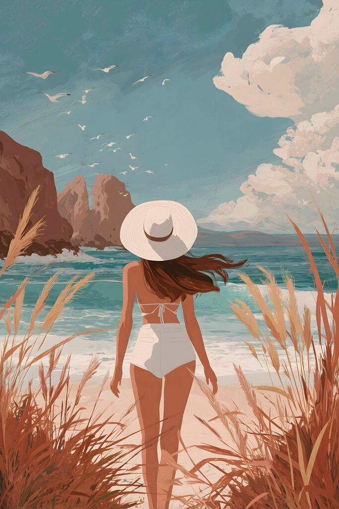 Woman in a swimsuit and hat walking on a beach