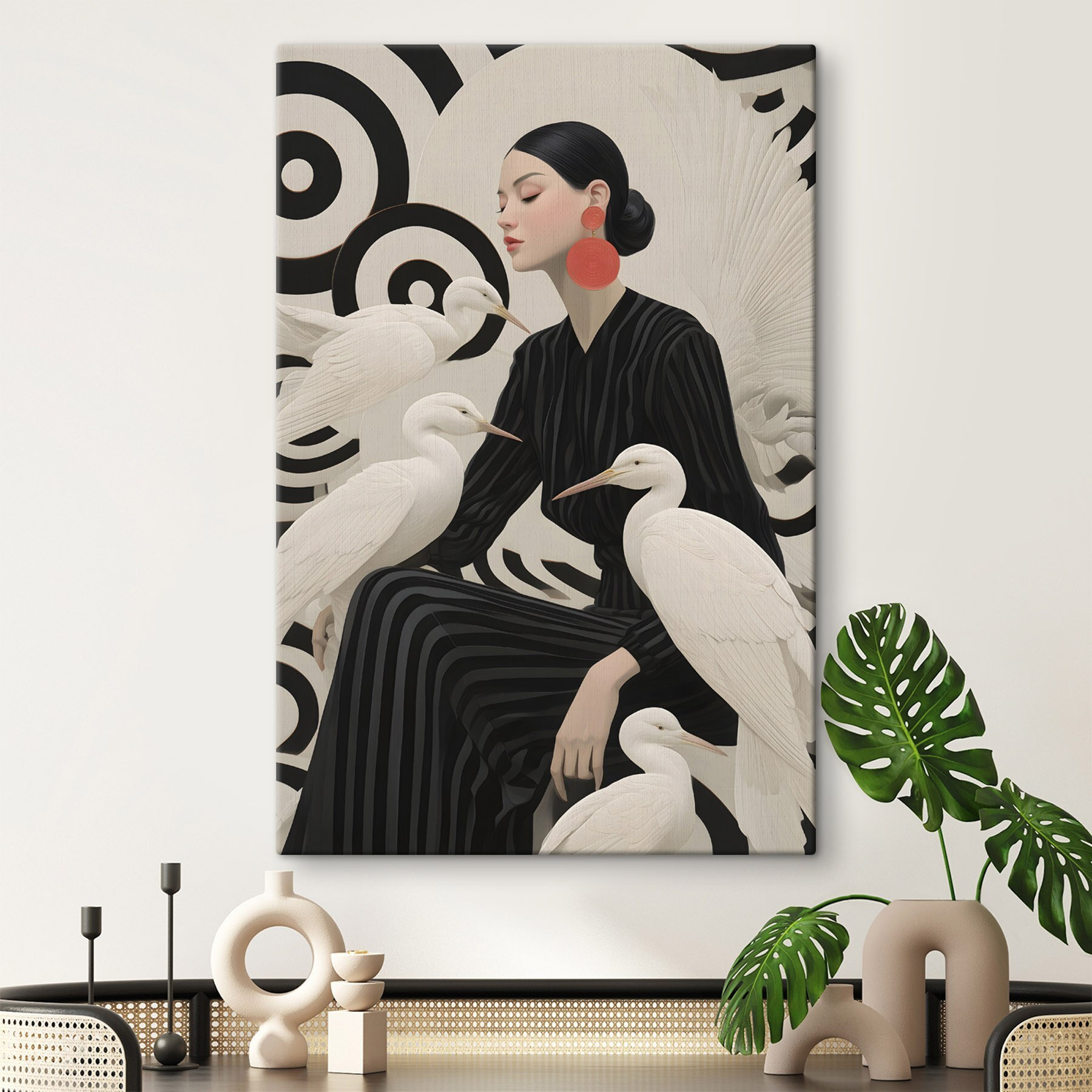 Woman sitting with white birds