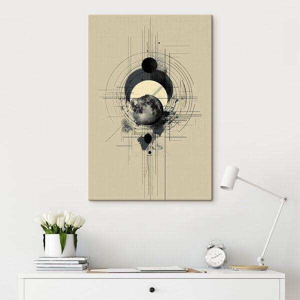 Black and white drawing of a moon and circles
