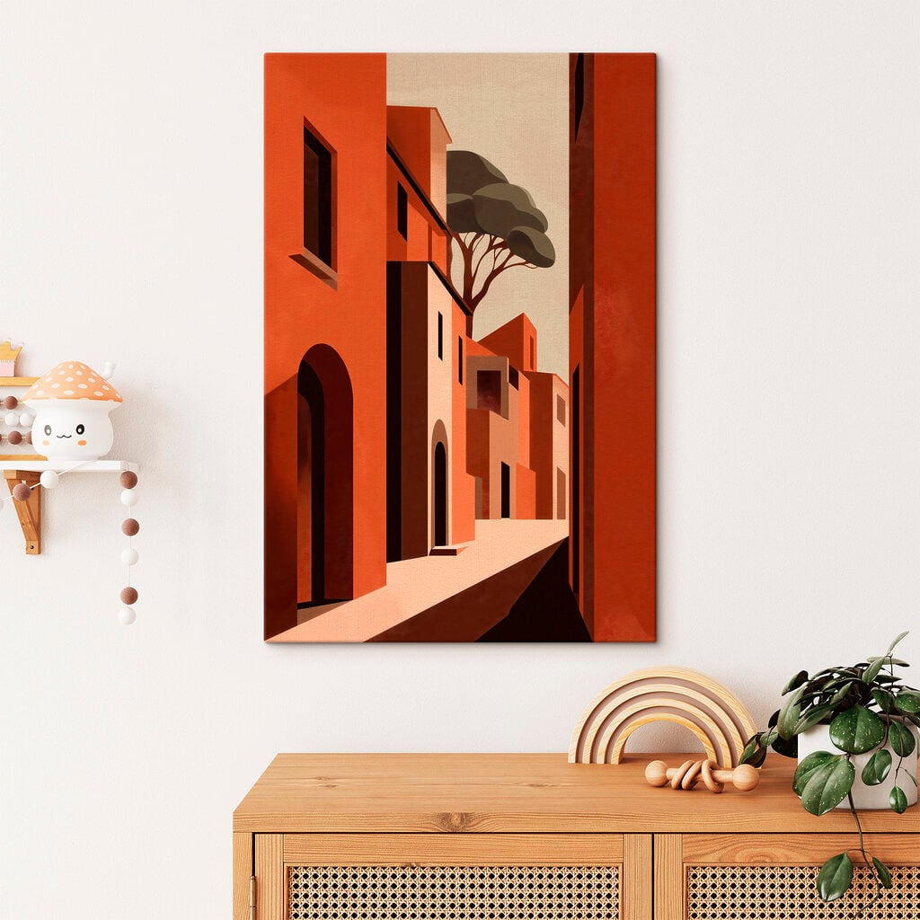 Painting of a street with buildings and trees