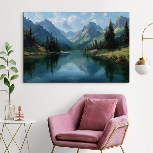 Tableaux Une rivière avec des arbres et des montagnes en arrière-plan