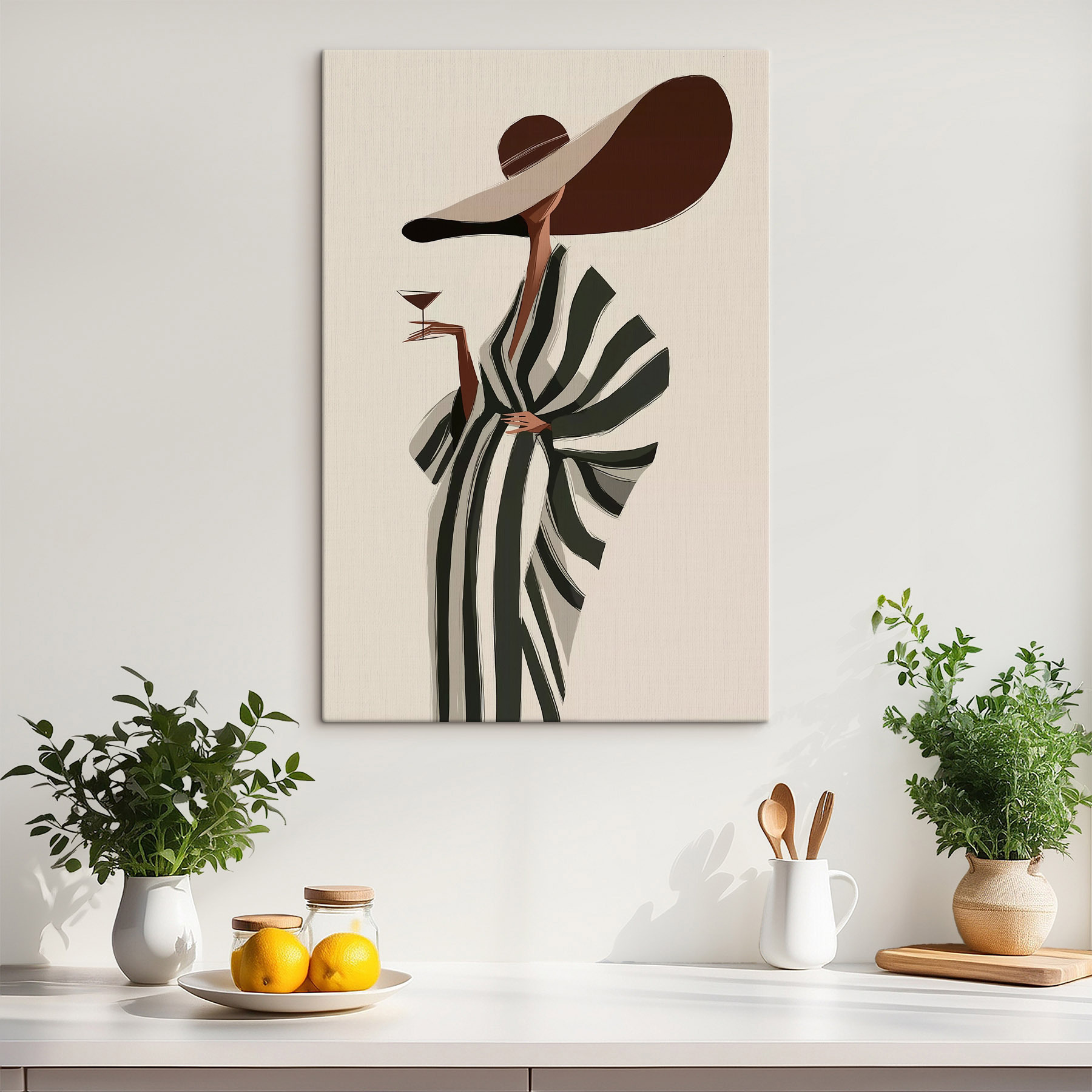 Woman wearing a hat and a large hat holding a glass of wine